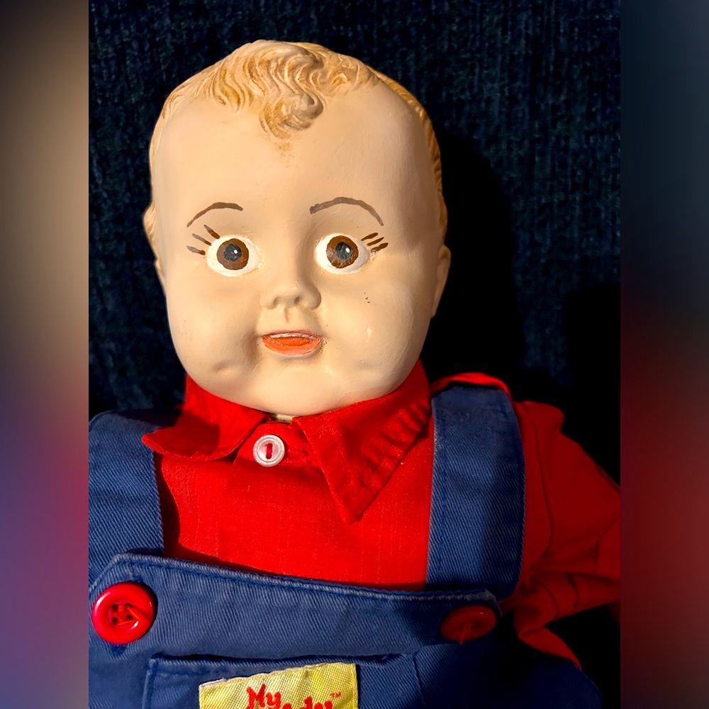 Vintage Boy Doll Porcelain and cloth dressed in overalls, shoes and red shirt